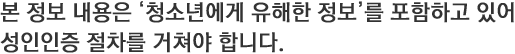 본 정보 내용은 '청소년에게 유해한 정보'를 포함하고 있어
성인인증 절차를 거쳐야 합니다.